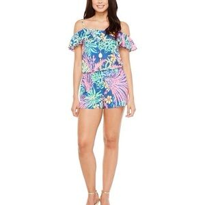 Lilly Pulitzer Klea Romper Indigo All a Glow Off The Shoulders Womens Sz Medium